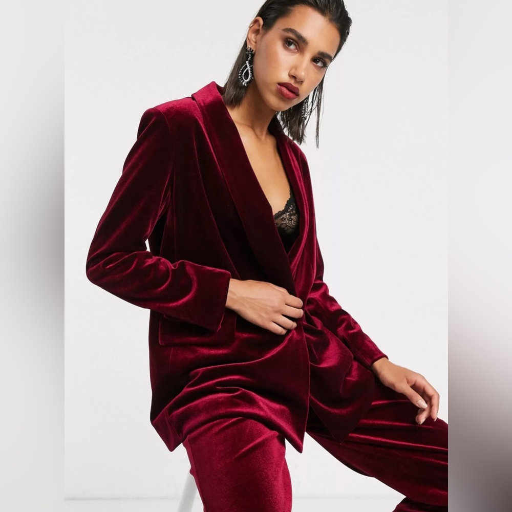 NEW ASOS EDITION tailored blazer with shawl collar in velvet Burgundy